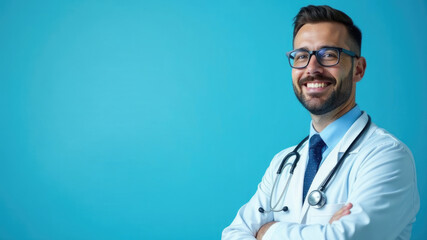 Confident male doctor with friendly smile against teal background with copy space