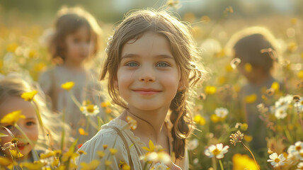 Cute beautiful girl among the field of daisies, portrait of seasonal summer in the village