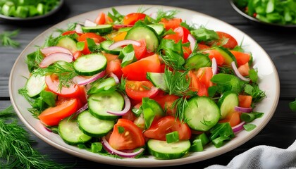 Wall Mural - Fresh and Colorful Tomato Salad with Cucumbers and Green Onions for a Wholesome Diet