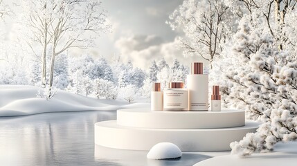 Wall Mural - Natural beauty podium backdrop for cosmetic product display. Winter 3d scene background. 