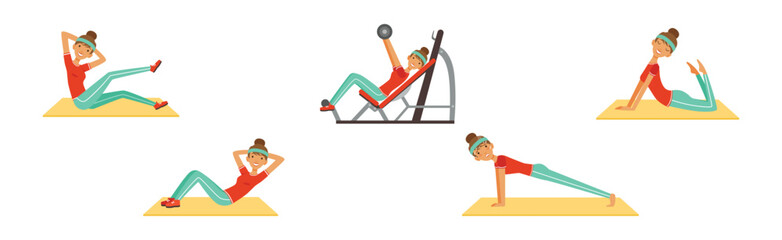 Sticker - Woman Character at Sport Gym Training and Workout Vector Set