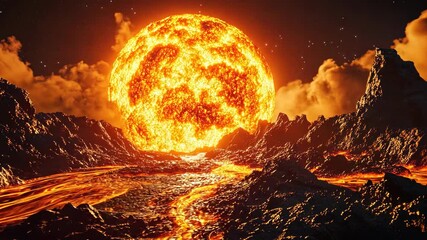 Wall Mural - a massive, fiery sun dominates the sky above a landscape of volcanic rock and flowing lava