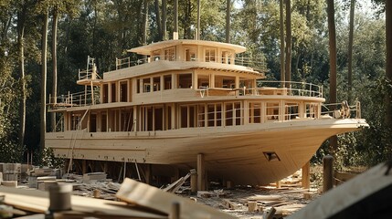 Canvas Print - wooden cabin cruiser under construction, house design architecture in the woods 