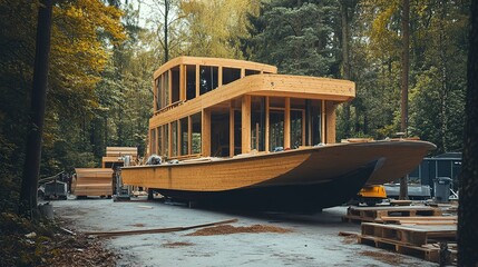 Sticker - wooden cabin cruiser under construction, house design architecture in the woods