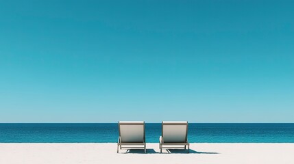 Poster - two lounge chairs on a sandy beach with blue sky 