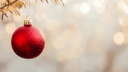 Aufkleber - Red christmas ornament hangs from a golden tree branch with warm lights in the background, capturing the festive magic of december. Perfect for spreading holiday cheer