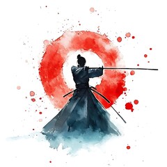 Sticker - Watercolor Illustration of a Samurai Warrior with a Red Sun Behind Him.