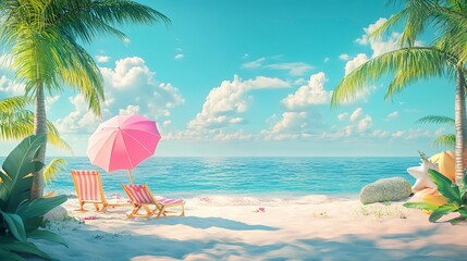 Poster - tropical beach with sunbathing accessories summer holiday concept 3d illustration 