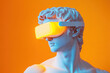 © Alexandra - White david statue wearing a vr headset with illuminated visor against an orange background