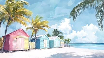 Poster - Transport the viewer to a tranquil seaside retreat with pastel-colored beach huts nestled among swaying palm trees 