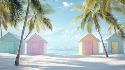 Wall Mural - Transport the viewer to a tranquil seaside retreat with pastel-colored beach huts nestled among swaying palm trees. 