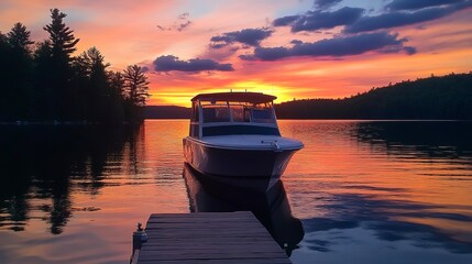 Poster - tranquil sunset cruise , pristine lake cabin cruiser , stunning reflective dock , picturesque landscape photo 