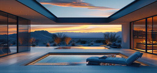 Poster - A huge home with a large glass window behind with a beautiful view of a desert dunes, lounge chair, blue tones, orange lighting, sunset, wooden floor, modern.