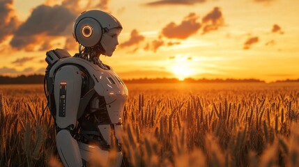 Poster - A robot stands in a field of tall grass, looking out at the sunset