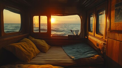 Sticker - Sunset glow filtering into the cabin boat's interior, with the open sea visible from the entrance 