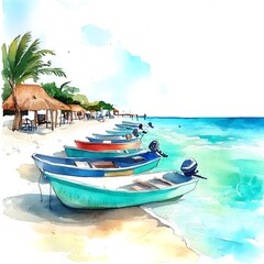 Canvas Print - Watercolor Painting of Boats on a Tropical Beach.