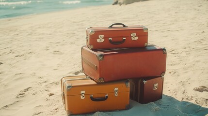 suitcases on the beach sand. travel concept  