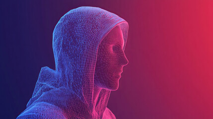 Abstract digital hacker concept with a man in a hoodie, hidden face in front of a computer. Cybersecurity theme including cyber attacks, data hacks, and fraudulent activities, represented as a 3D vect