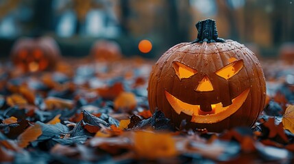 a Halloween pumpkin with creative carvings, elegantly placed among a scattering of colorful autumn leaves, highlighting the holiday spirit.