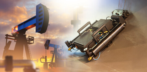 Poster - oil production technologies. robot inside pipe for transporting petroleum. oil pumps at oil field. f