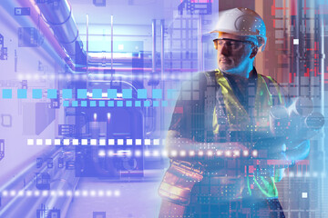 Poster - man builder. engineer stands in industrial workshop. boiler system pipes behind master. builder desi