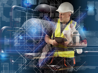 Poster - man industrial technologist. factory architect. engineer at oil refining company. man industrialist 