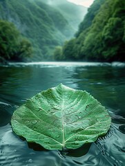 Poster - A green mountain background, the close view is a leaf boat on the water.