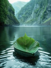 Poster - A green mountain background, the close view is a leaf boat on the water.