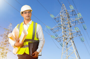 Poster - man is electrician. worker near power transmission line. engineer supervising energy distribution. i