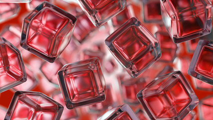 Poster - Red background. Transparent cubes. Red wallpaper on abstract theme. Texture for site. Pattern for design. Red background with volumetric cubes. Background for advertising. 3d image.