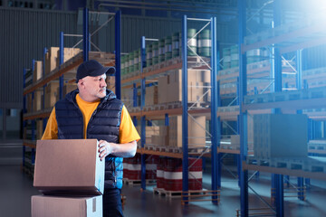 Poster - Customs warehouse employee. Man with boxes in storage. Worker carries boxes onto shelving. Customs warehouse employee in large hangar. Man is storekeeper in baseball cap. Retail company warehouse