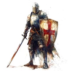 Watercolor Illustration of a Medieval Knight in Full Armor Holding a Sword and Shield.