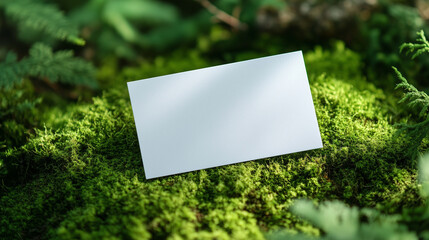 Poster - Minimalist White Card Lying On Forest Moss Surrounded By Soft Greenery And Nature