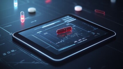 Aufkleber - A red pill rests on a black tablet screen, centered in the frame. The screen displays a digital heart rate monitor. The background is blurred and appears to be a technological interface.
