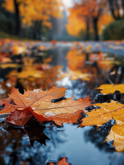 Poster - Autumn leaves in a puddle, A roadside puddle mirrors the trees above.