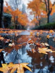 Poster - Autumn leaves in a puddle, A roadside puddle mirrors the trees above.