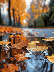 Poster - Autumn leaves in a puddle, A roadside puddle mirrors the trees above.