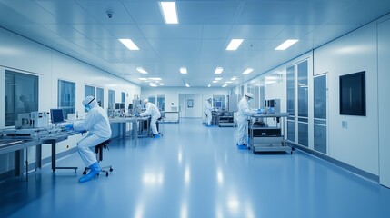 Poster - laboratory technicians working diligently in a clean room environment during daytime at a research f