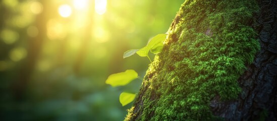 Poster - Close-up of a moss-covered tree trunk with sunlight streaming through the forest.