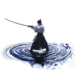 Wall Mural - Samurai Warrior with Sword in Water Ripples Illustration.