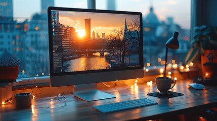 Poster - A computer screen and on one side of the screen see the reflection of the outside, in the background a cup of coffee on a desk, daytime ambient lights.