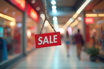 red sale sign hanging in a shopping mall attracting customers during a promotional event in the afte