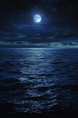 Serene view of calm sea during a night with full moon shining. Nocturnal tranquility with dark blue water and starry sky in the background.