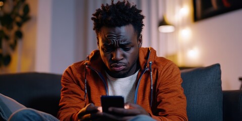 Poster - A young man's surprised expression as he looks at his cellphone in a home setting.