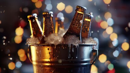 Close-up of beer bottles in an ice-filled bucket, surrounded by warm festive lights. Perfect for holiday celebrations, parties, and gatherings.