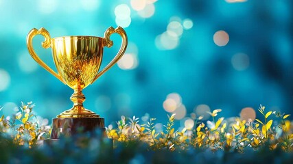 Wall Mural - golden trophy award bokeh soft blue background