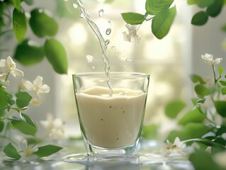 This is a healthy drink of milk being poured into a glass. The liquid has a white, fresh and light appearance.