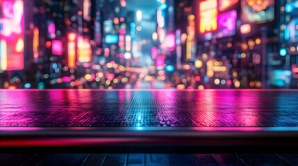 Wall Mural - Vibrant cityscape with neon lights reflecting on the wet pavement, creating a dynamic urban atmosphere at night.