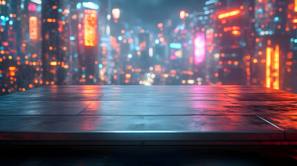 Poster - Futuristic neon cityscape with vibrant lights, abstract view from a reflective surface.
