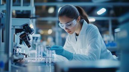 Poster - scientist conducting experiments in a modern laboratory during the day, focusing on test tubes with 